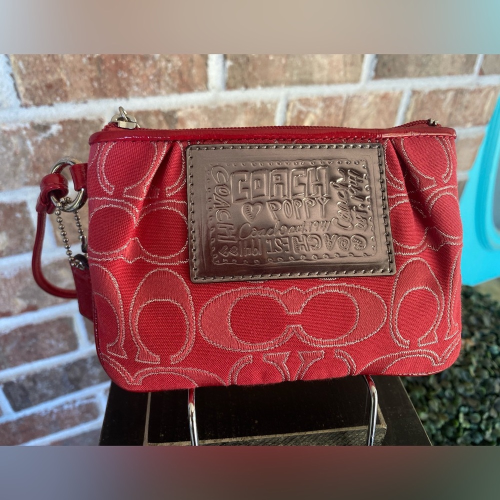 Coach Red Signature Poppy Wristlet with Leather Patch